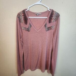 BKE Muted Red Long Sleeve Top with Embellished Shoulders XL (5850)